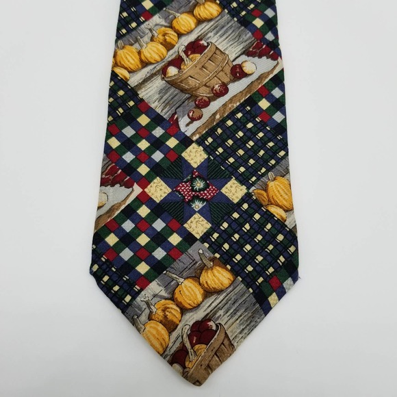 Mens Neck Tie Fall Autumn Harvest Pumpkins Apples Halloween Plaid Farm - Picture 4 of 8